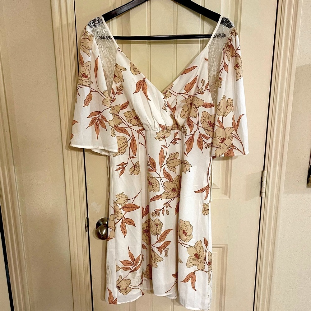 Miss Me White Mini Dress with Floral Design - Large